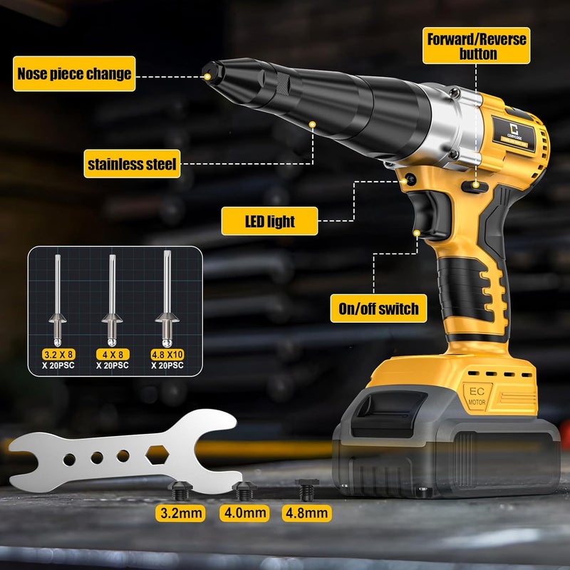 Cerycose Cordless Rivet Gun Compatible with DeWalt 20V Battery,Brushless Electric Rivet Nut Tool with 3 Sizes Steel Rivets(1/8",5/32",3/16") & Nose Pieces, Professional Riveters Gun 20V(Tool Only) - Image 2
